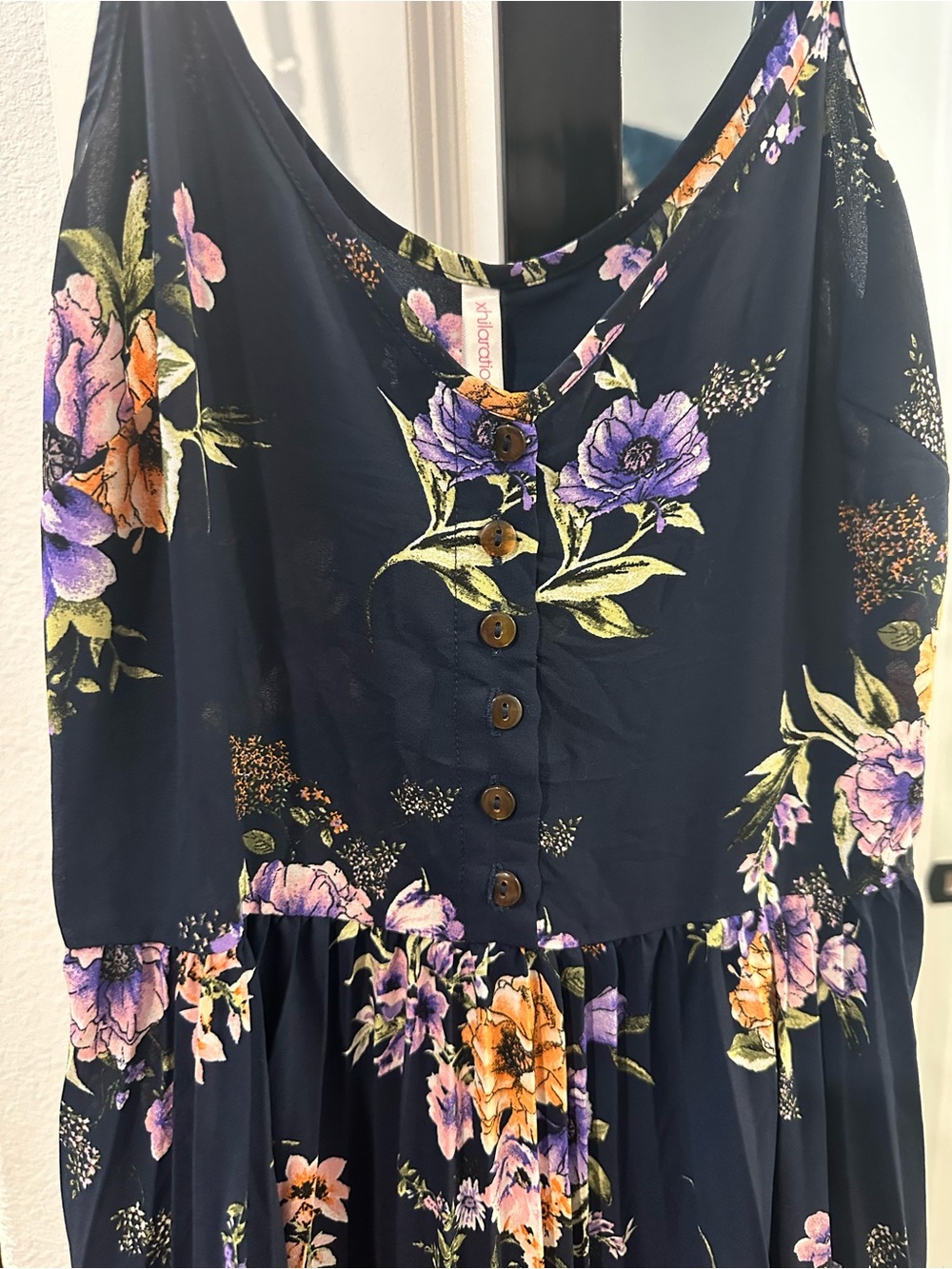 Xhilaration Navy Floral Midi Dress with Purple & Orange Blooms - Picture 3 of 5